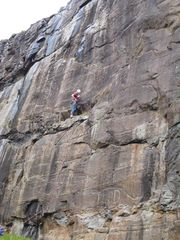 climber on "Black Magic" at Navigation Quarry