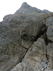 The eastern end of Blackhole Crag, Gower, South Wales showing the location of the route "Water Monster