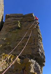 Nick Taylor on the FA of "English Ghosts" on Holys Wash Buttress, Gower, South Wales