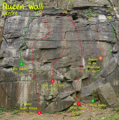 rock climbing topo for Queen Wall Center at Sirhowy