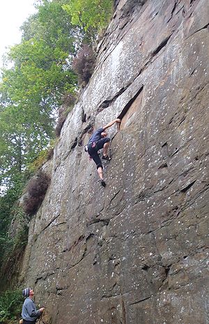 Shane climbing "Brayne Theory Comes to Bargoed", Fr.6b