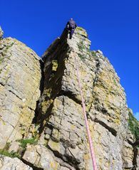 John Allen on the FA of "English Ghosts" on Holys Wash Buttress, Gower, South Wales