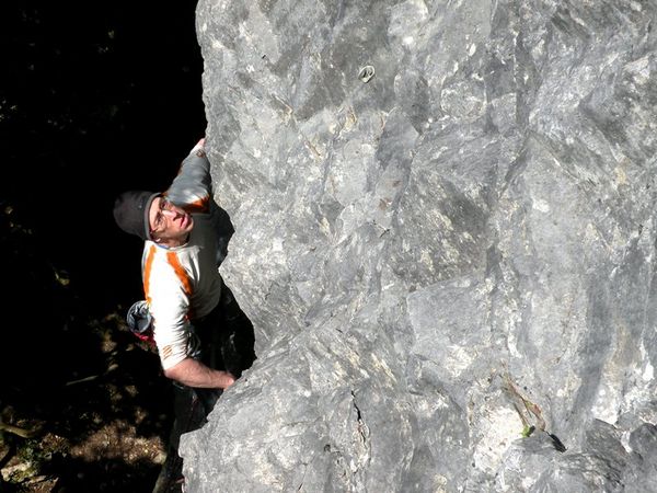 Ralph Giles climbing "The Deflated Dickhead", Dinas Rock, South Wales