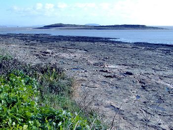 Sully Island at high tide. Flat Holm and Steep Holm are visible in the background.